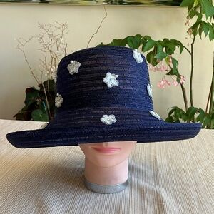 Navy Blue Hat with White Sequined Beaded Floral Accents